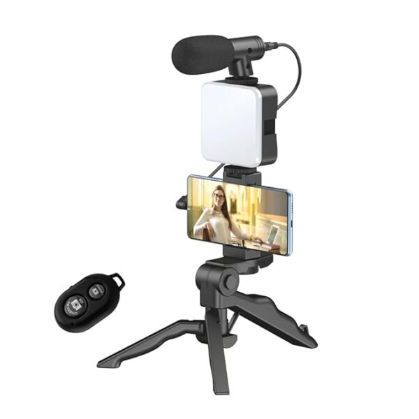 Vlogging Kit 6 in 1 for iPhone, Android (with Tripod), Mini LED + Cardioid Microphone + Phone Clip + Tripod