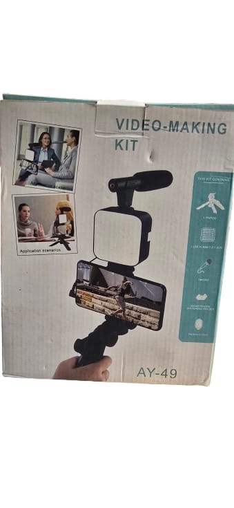 Vlogging Kit 6 in 1 for iPhone, Android (with Tripod), Mini LED + Cardioid Microphone + Phone Clip + Tripod
