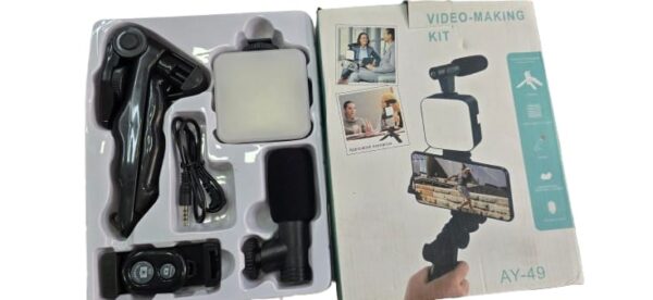 Vlogging Kit 6 in 1 for iPhone, Android (with Tripod), Mini LED + Cardioid Microphone + Phone Clip + Tripod