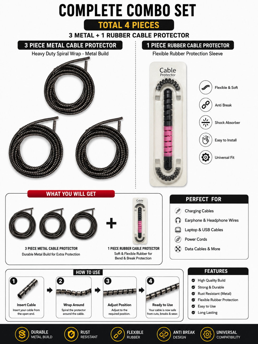 Durable Metal Wire Protector for Charger Cables & Data Lines - Unbreakable Spiral Wrap