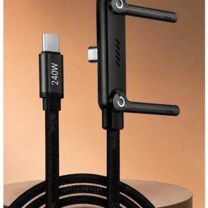 240W USB Type-C Fast Charging Cable with Foldable Phone Stand | Nylon Braided | Fast Charging & Data Sync | Universal Compatibility | Black | 1.5M