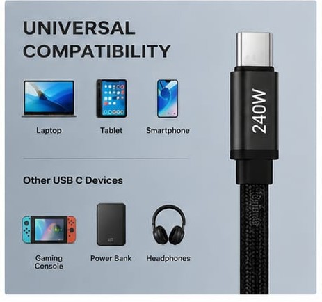 240W cable 4 240W USB Type-C Fast Charging Cable with Foldable Phone Stand | Nylon Braided | Fast Charging & Data Sync | Universal Compatibility | Black | 1.5M