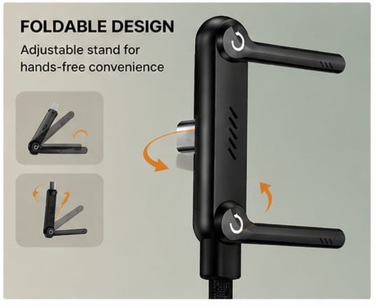 240W cable 5 240W USB Type-C Fast Charging Cable with Foldable Phone Stand | Nylon Braided | Fast Charging & Data Sync | Universal Compatibility | Black | 1.5M
