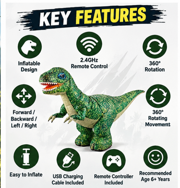 d3 RC Inflatable Dinosaur Toy – 2.4GHz Remote Control 360° Rotating Dinosaur
