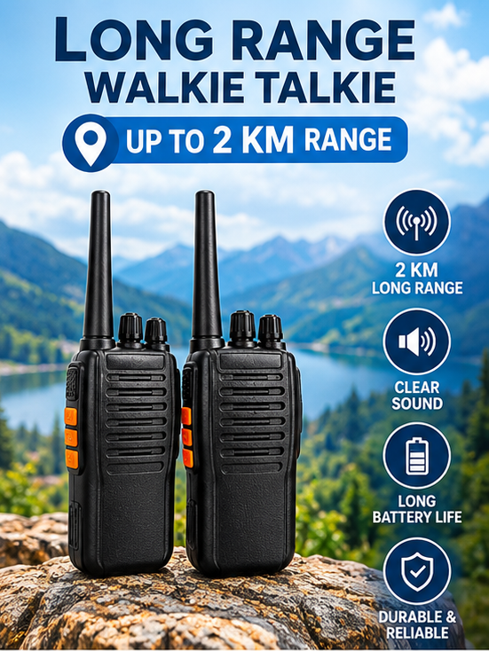 Wireless Walkie Talkie Set – 2 Pieces | Up to 2 KM Range | Two-Way Communication | Rechargeable Battery | Black