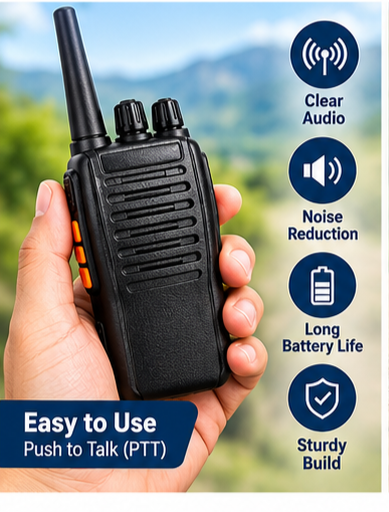 Wireless Walkie Talkie Set – 2 Pieces | Up to 2 KM Range | Two-Way Communication | Rechargeable Battery | Black