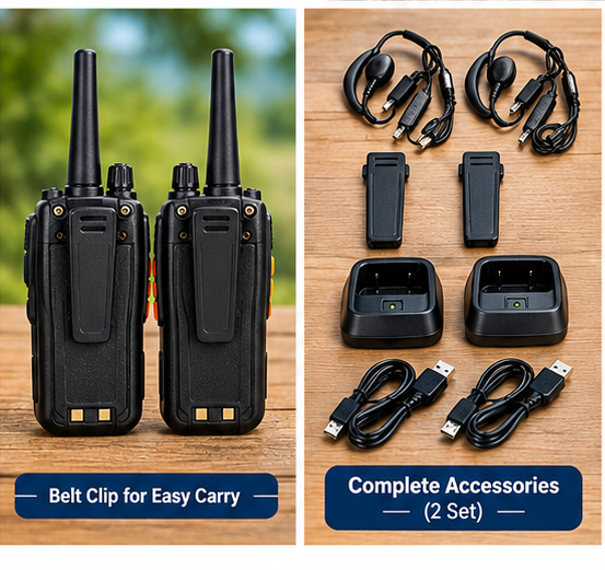 Wireless Walkie Talkie Set – 2 Pieces | Up to 2 KM Range | Two-Way Communication | Rechargeable Battery | Black