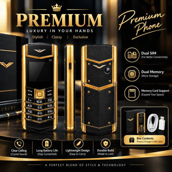Premium Luxury Gold & Black Keypad Mobile Phone – Stylish Design